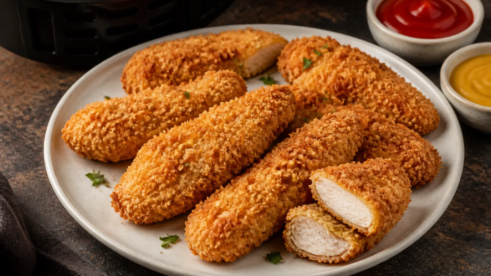Crispy air fryer chicken tenders served with honey mustard and ketchup