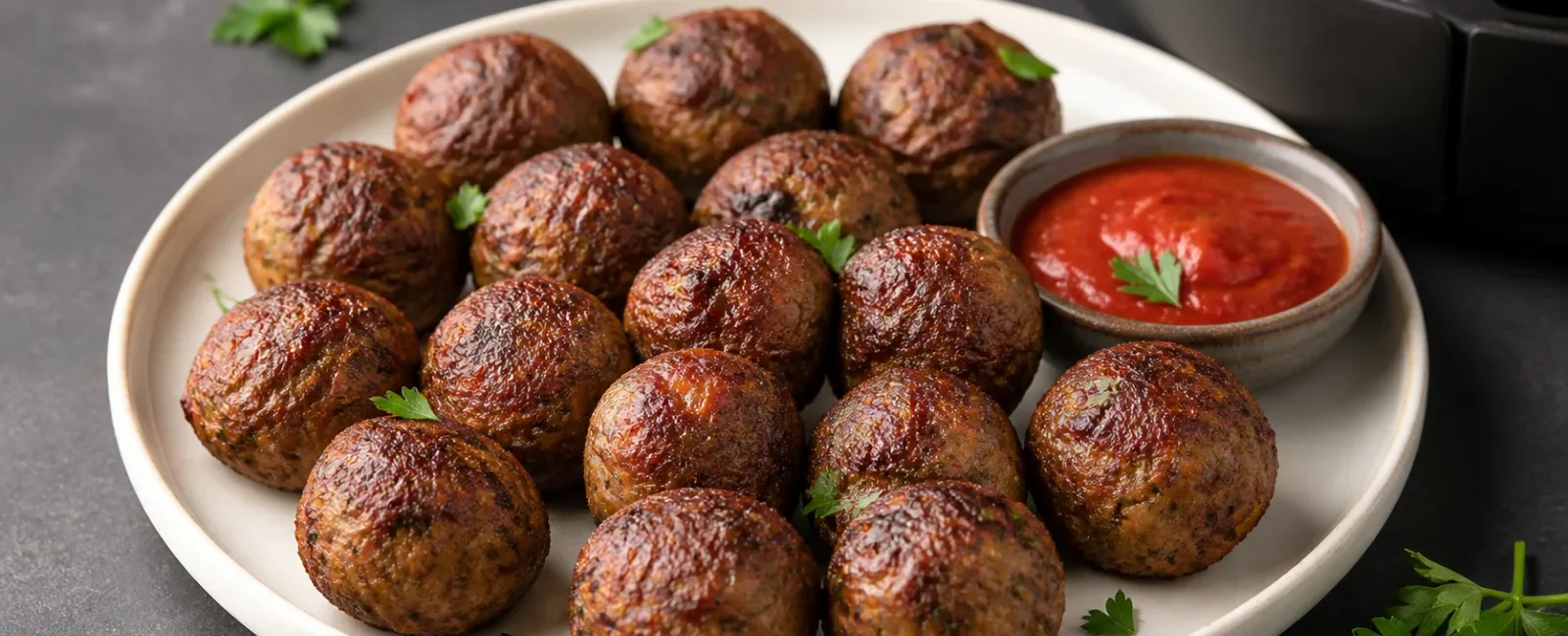 Browned air fryer meatballs served with marinara sauce