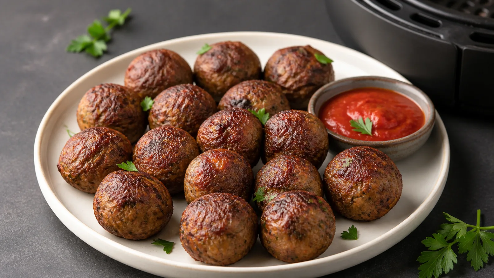 Browned air fryer meatballs served with marinara sauce