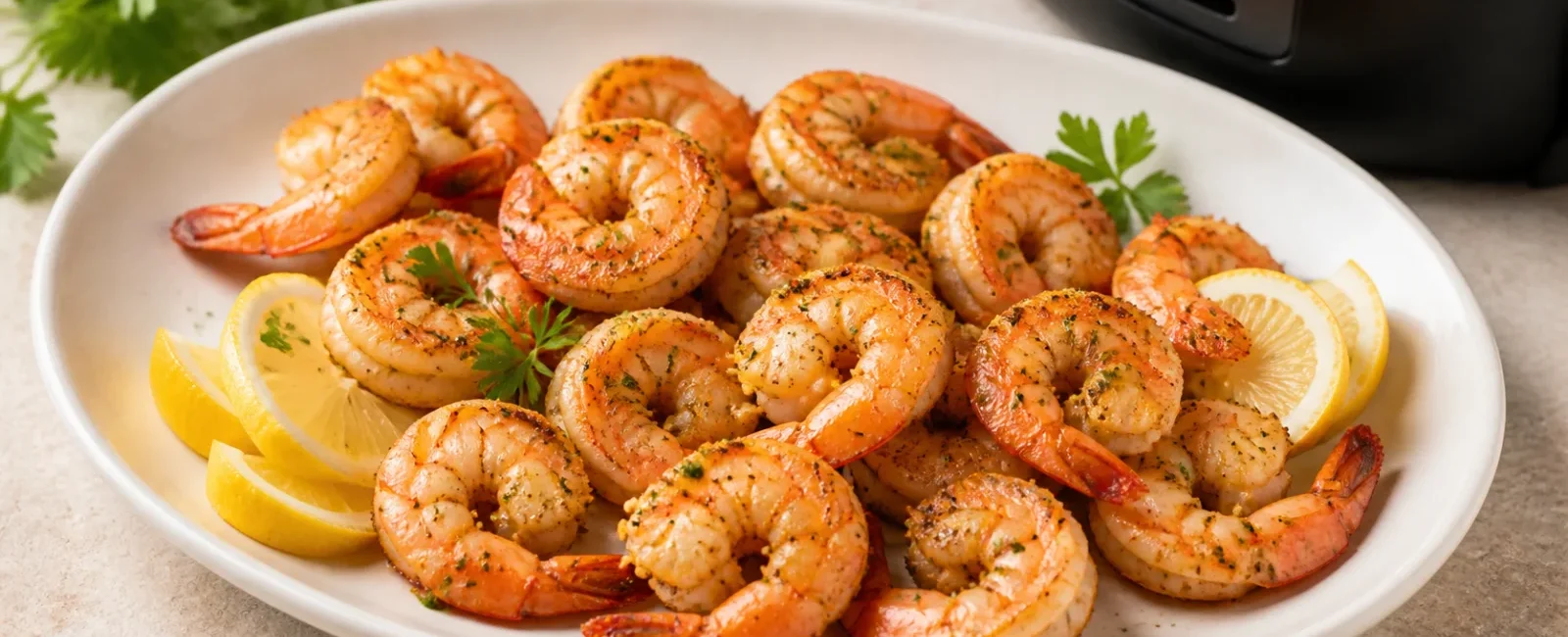 Golden garlic air fryer shrimp served with lemon and parsley