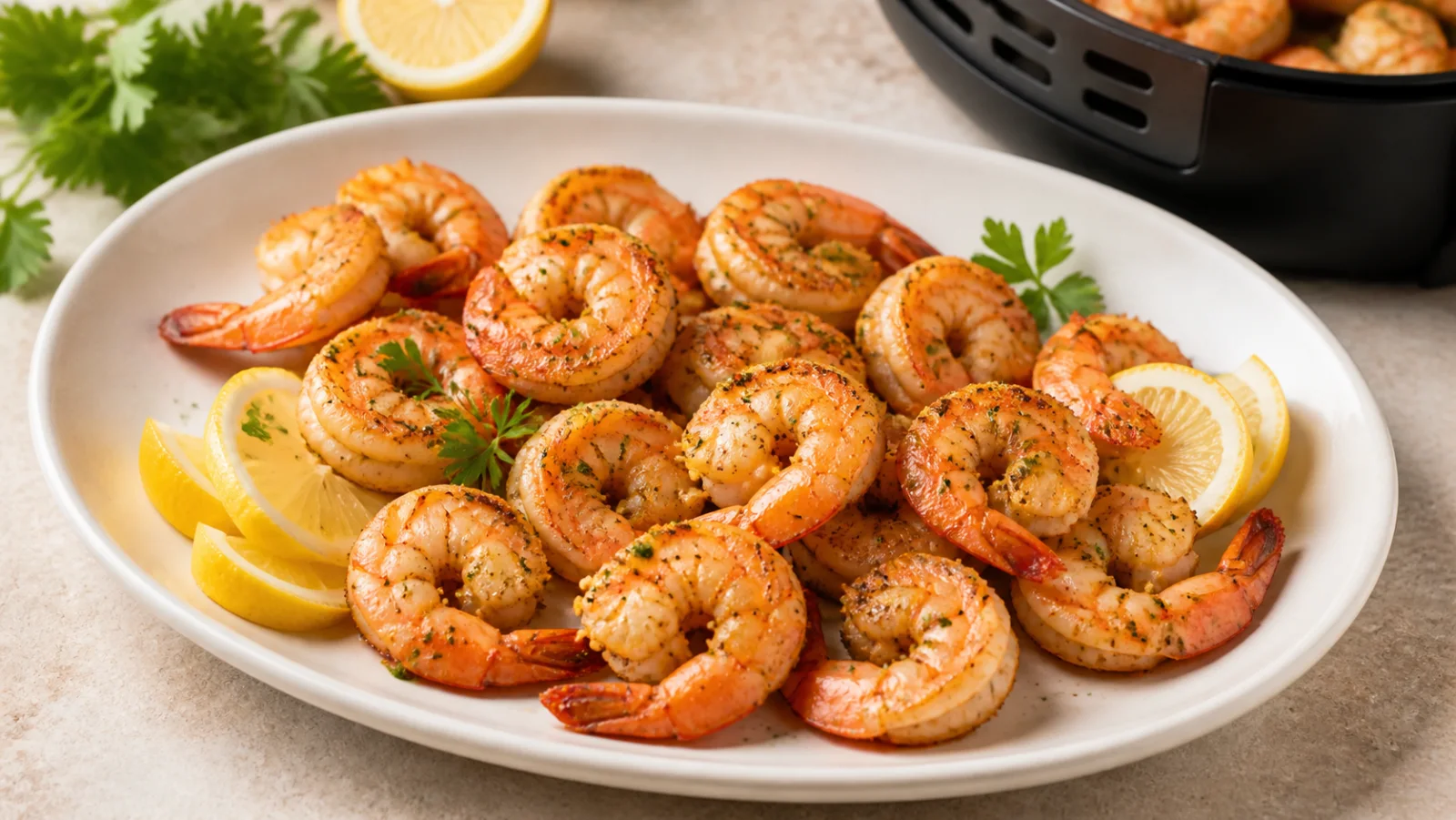 Golden garlic air fryer shrimp served with lemon and parsley