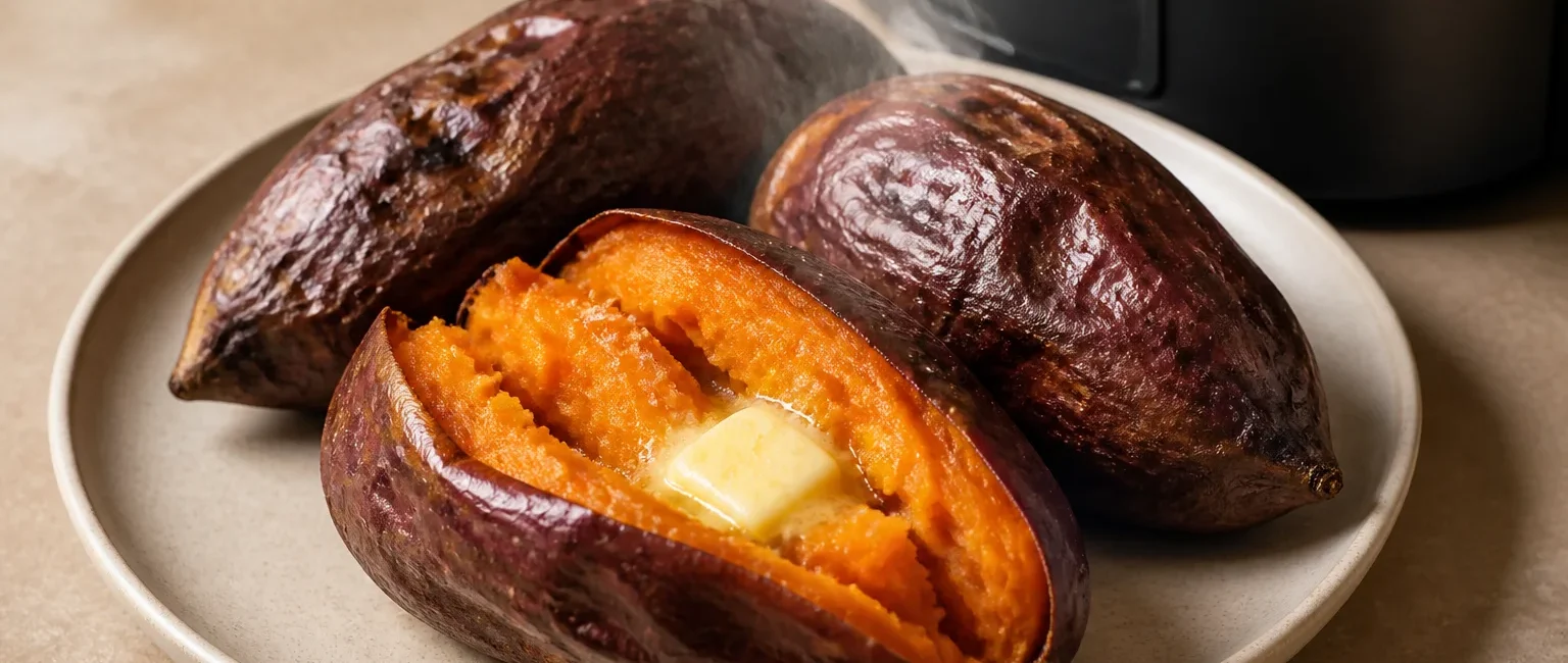 Air fryer sweet potatoes with a creamy orange center