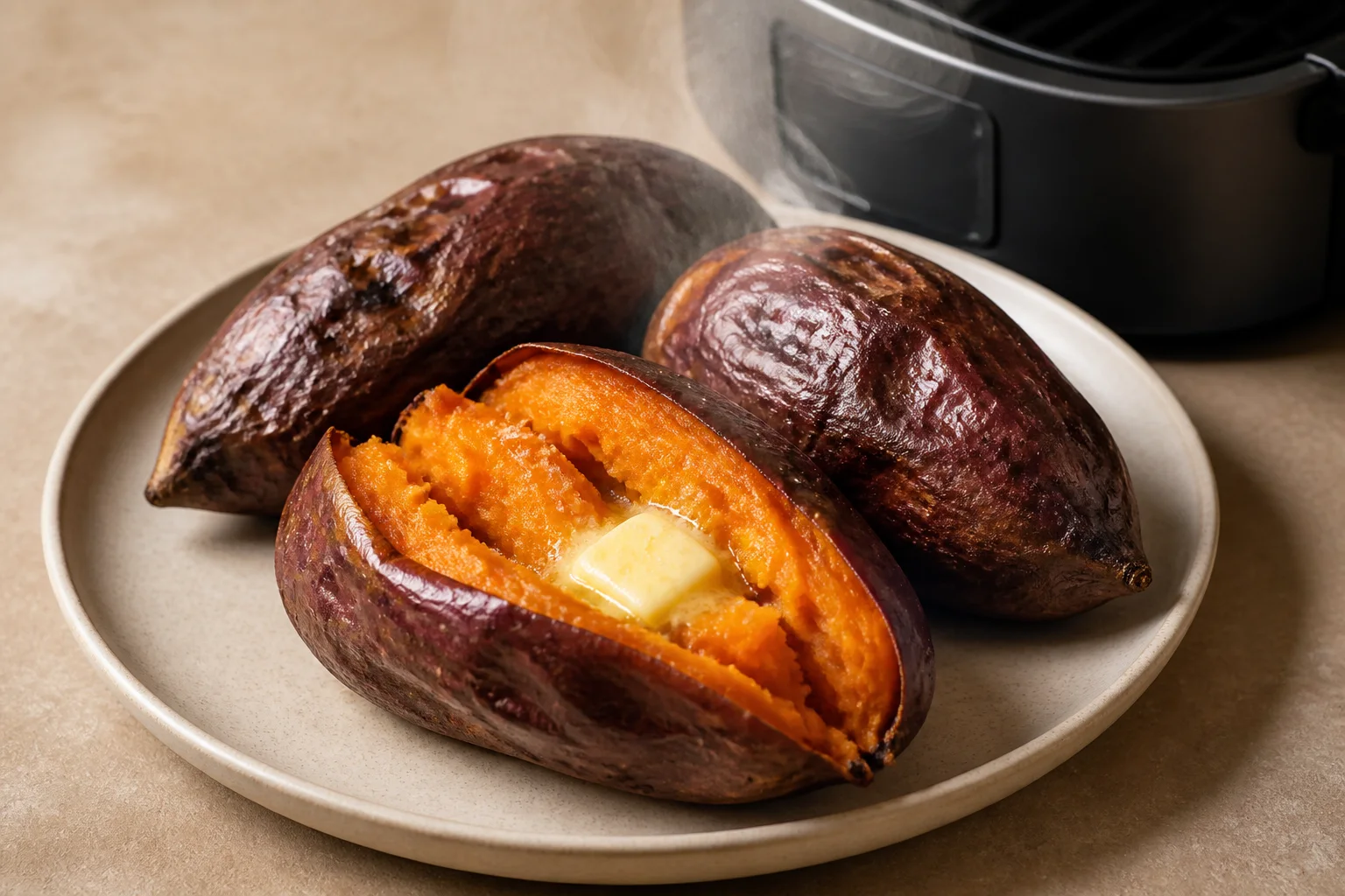 Golden air fryer sweet potatoes with one split open to show a moist orange center