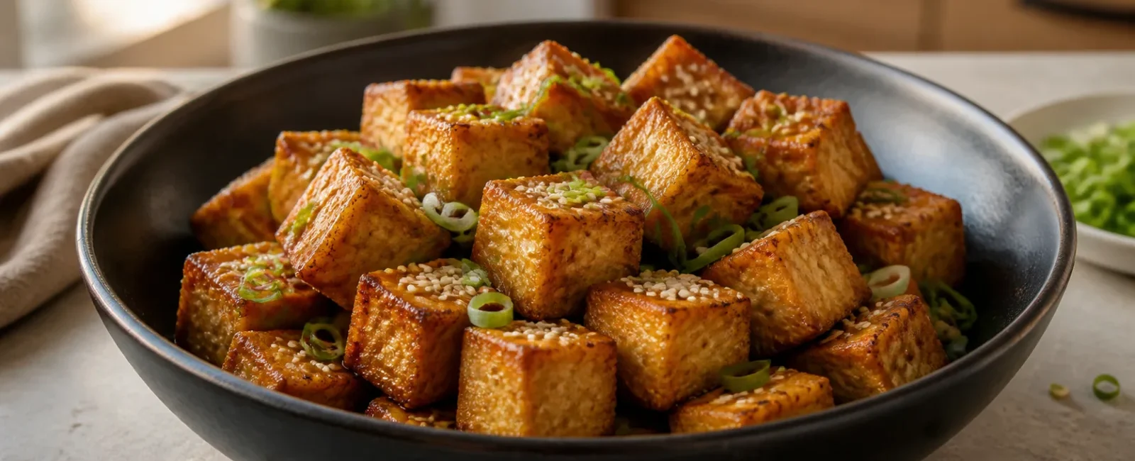 Crispy air fryer tofu cubes with sesame seeds and scallions