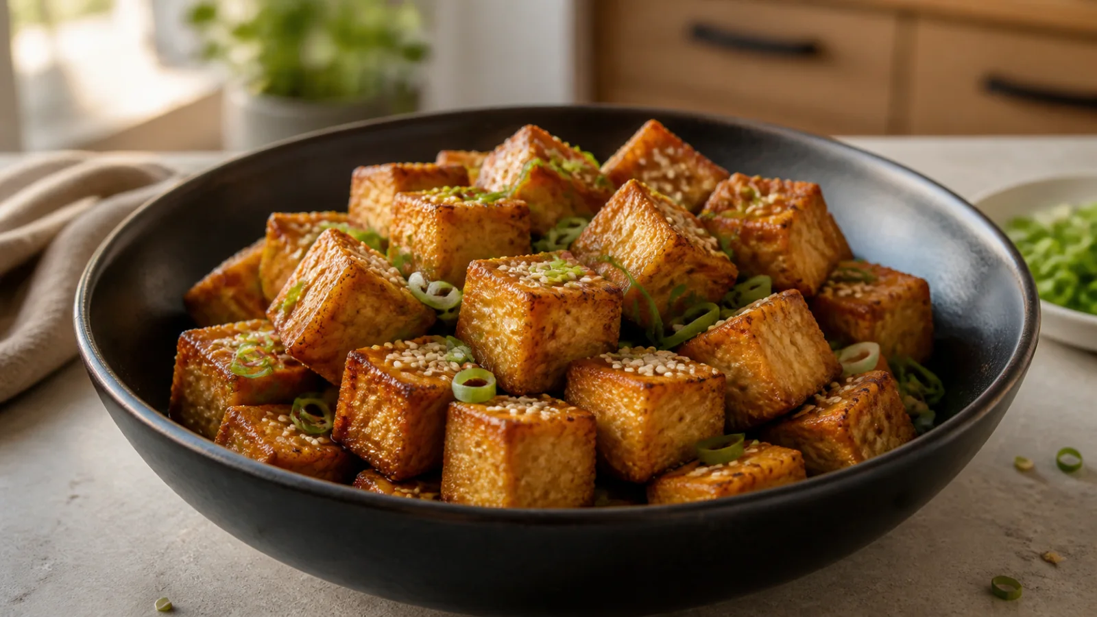 Crispy air fryer tofu cubes with sesame seeds and scallions