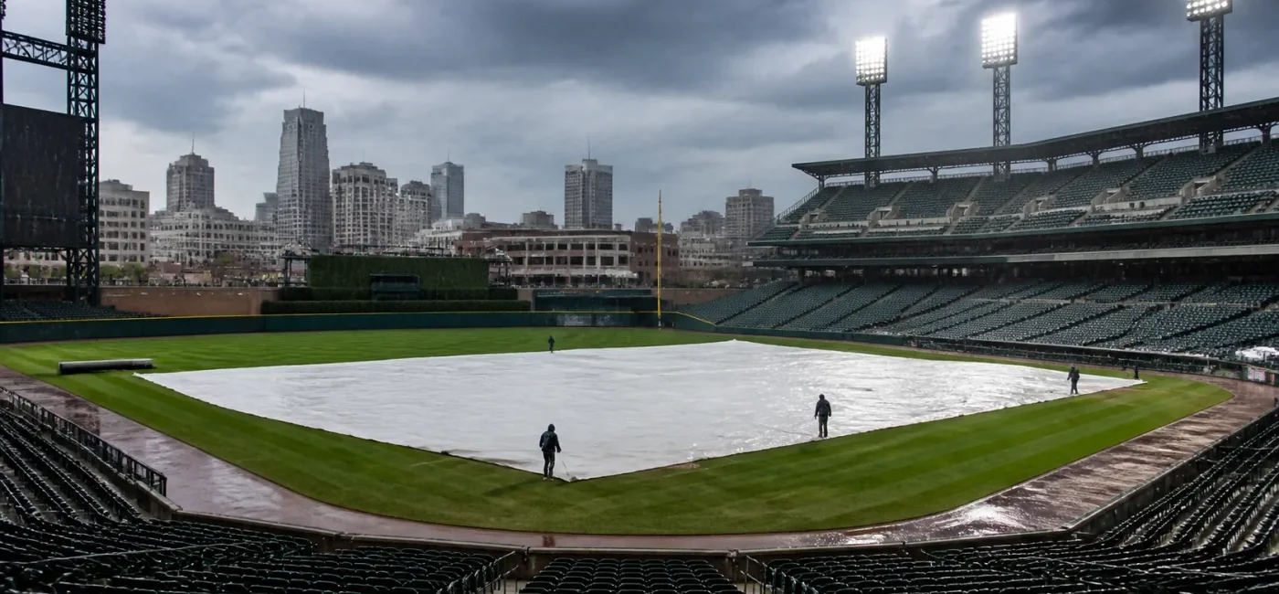 Rainy baseball stadium with the infield covered by a tarp
