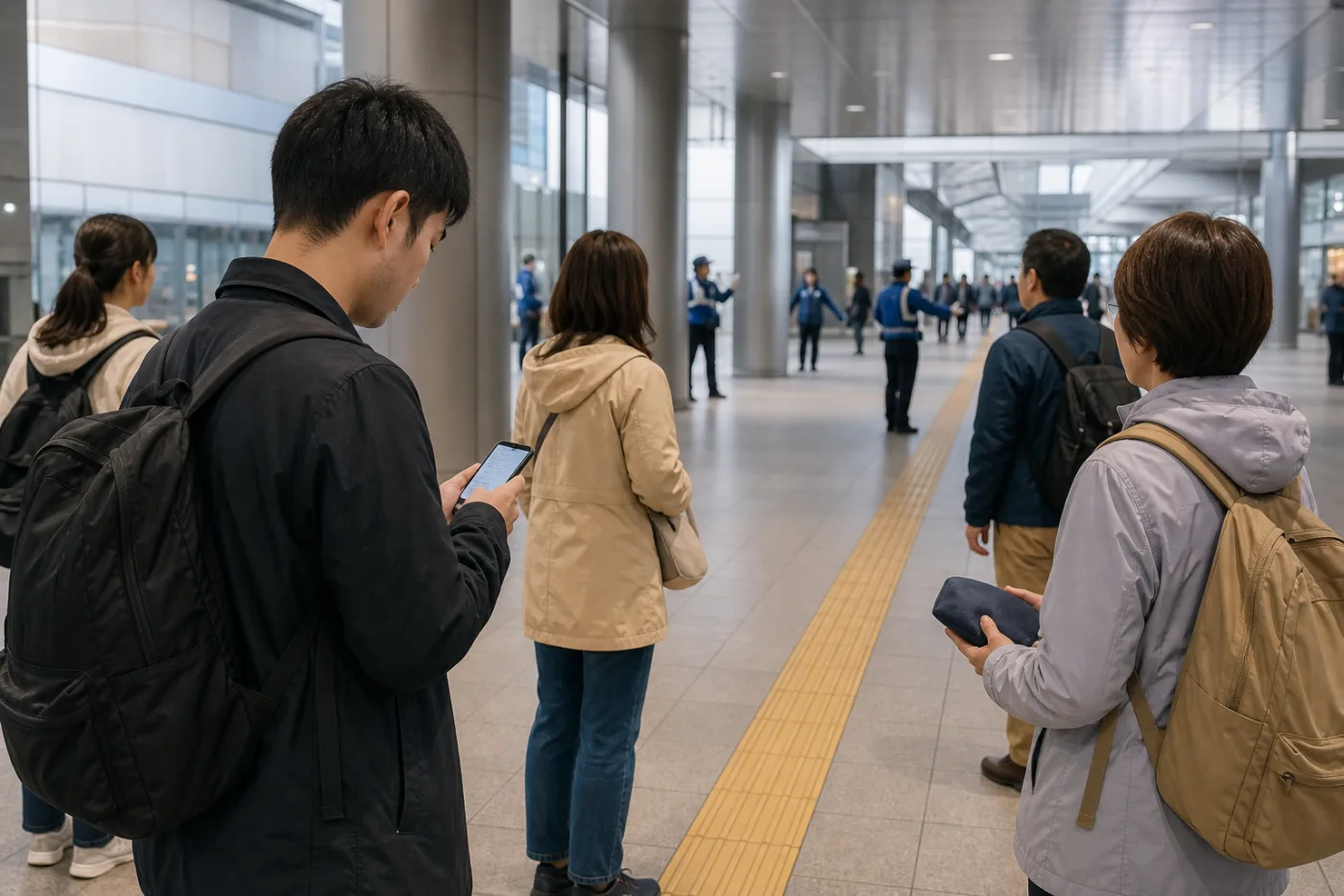 Travelers checking staff guidance and rail updates after an earthquake in Japan