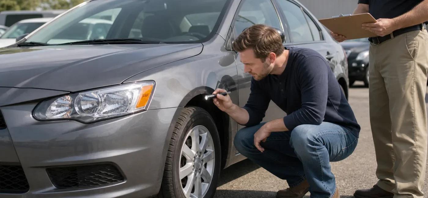 A used-car buyer checks the front wheel and body condition before signing
