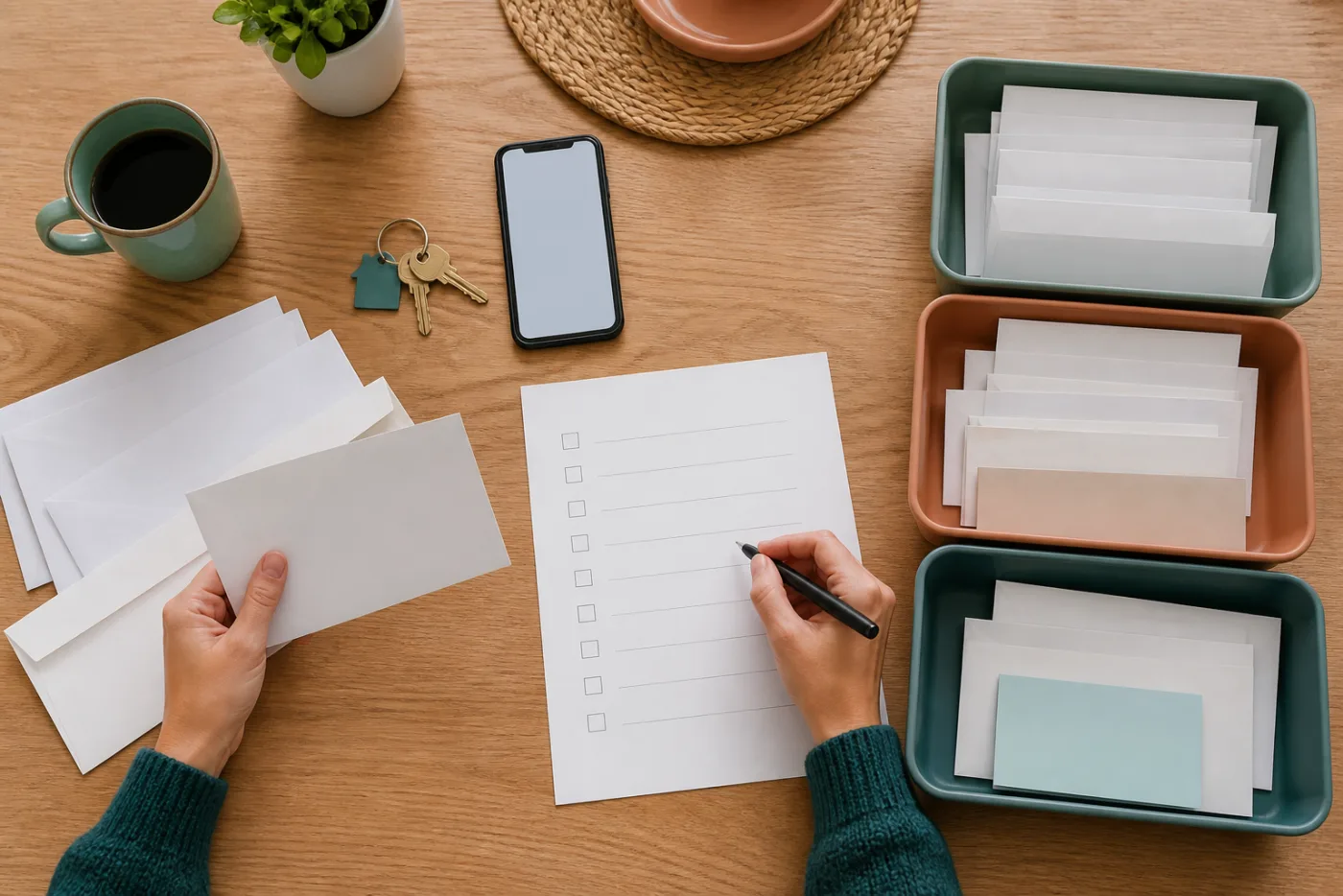 Hands organizing keys, mail and a post-move address update checklist