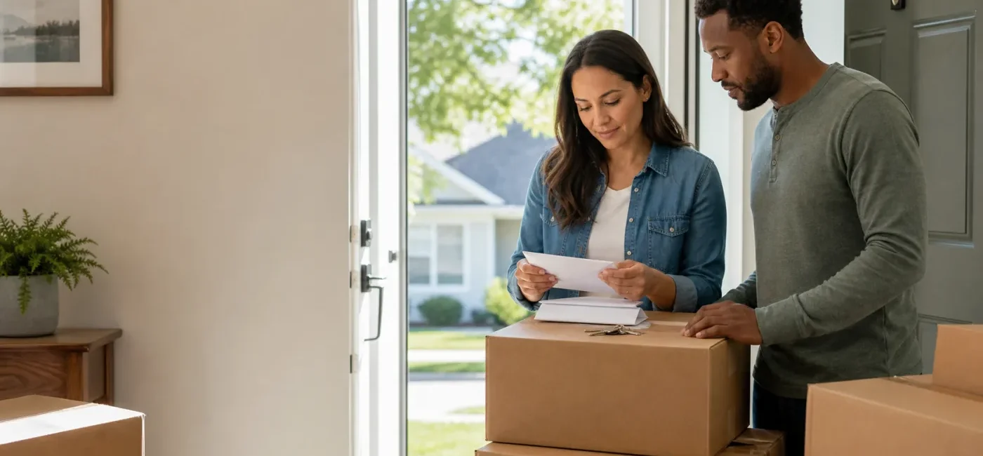 Couple preparing a USPS change of address and mail forwarding at their new home