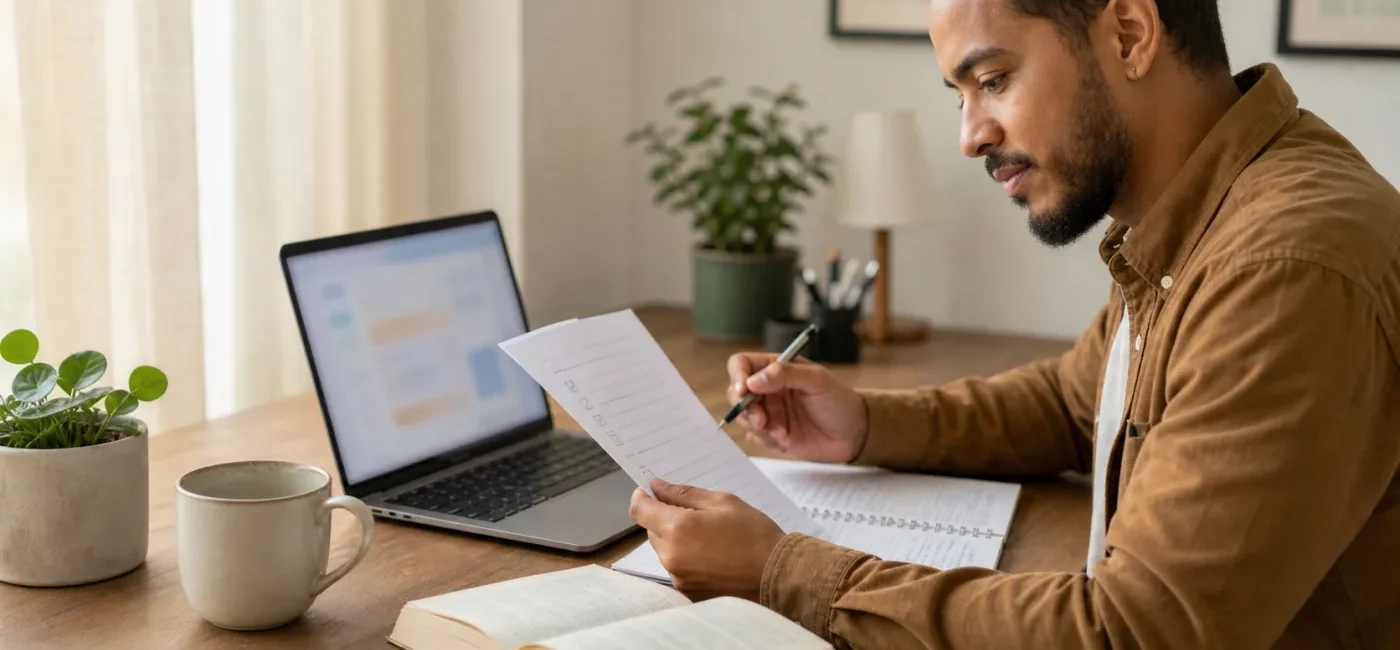 A person verifying an AI answer with a checklist and trusted reference