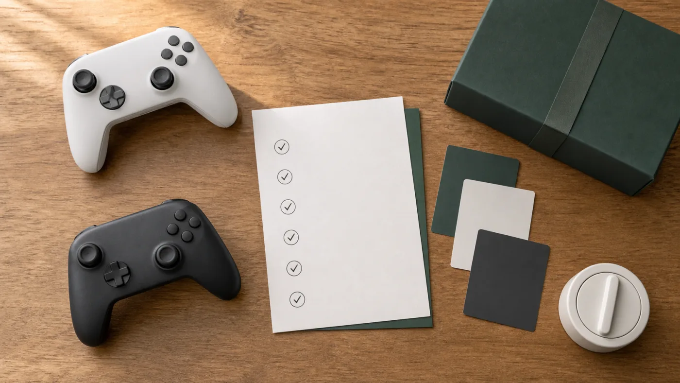 A blank purchase checklist and generic controllers used to compare a limited-edition gaming hardware preorder