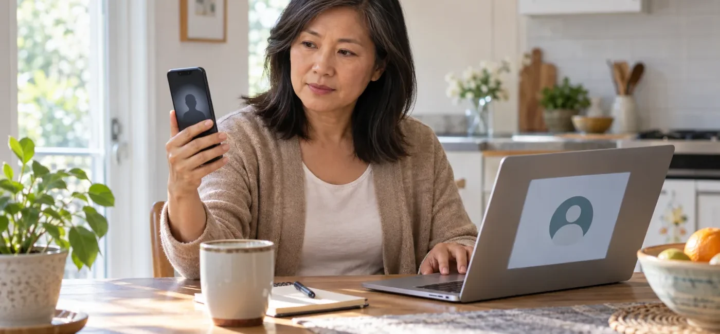 A woman pauses a suspected AI video call and verifies the person through a saved contact