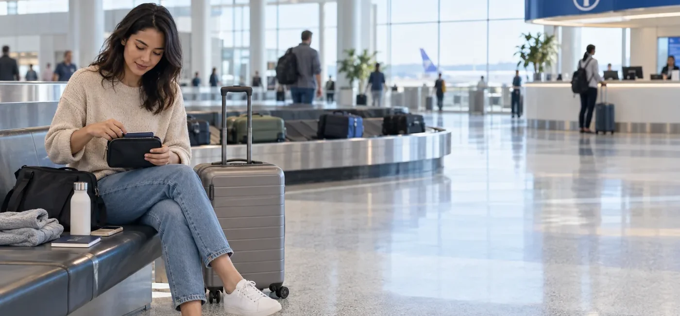 공항 분실물 신고 준비 / Traveler preparing an airport lost-item report