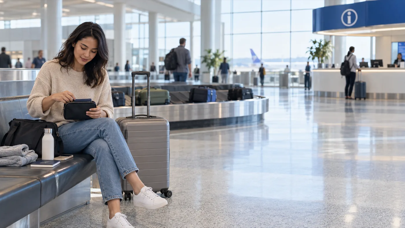 Traveler organizing an airport lost-item report near baggage claim in the United States