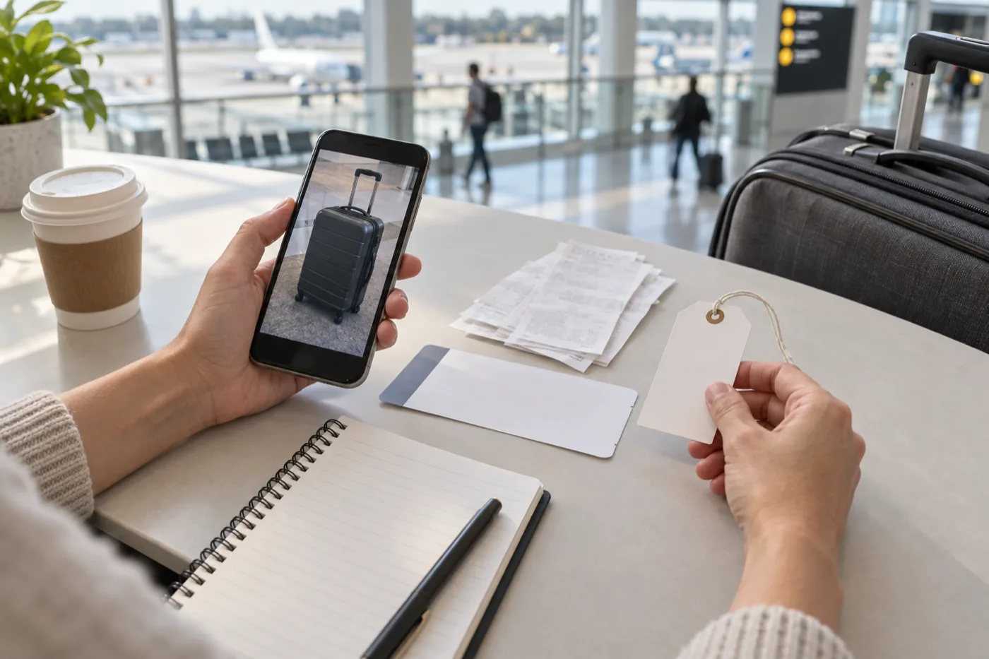 Traveler organizing a baggage tag, bag photo, and case number for an airport lost-property report