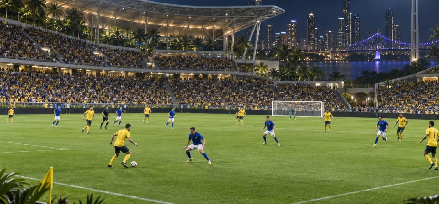 Wide view of a 2026 Australia and Brazil mens soccer friendly in a Queensland stadium at night