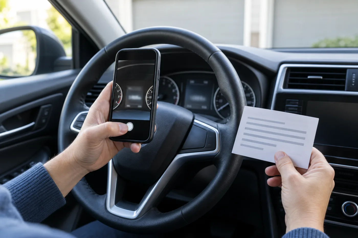 A driver checks an insurance card and auto policy details on a phone inside an unbranded car