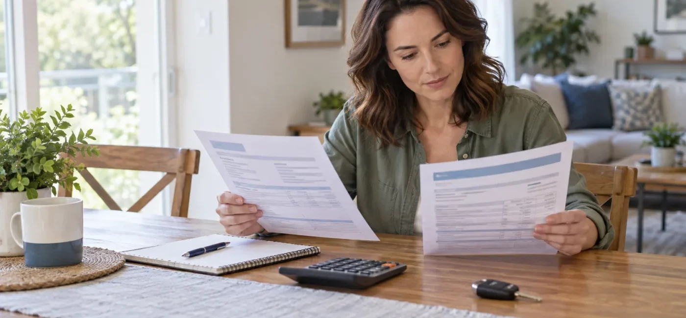A U.S. driver comparing auto insurance renewal documents and policy costs at home