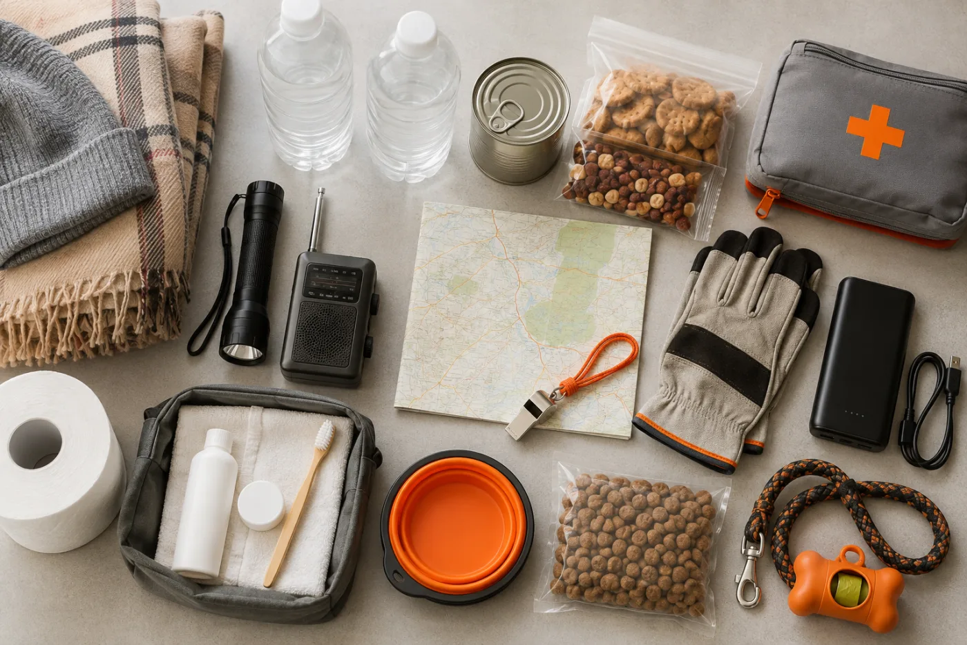 A household earthquake kit with water, food, a flashlight, radio, first aid items and pet supplies