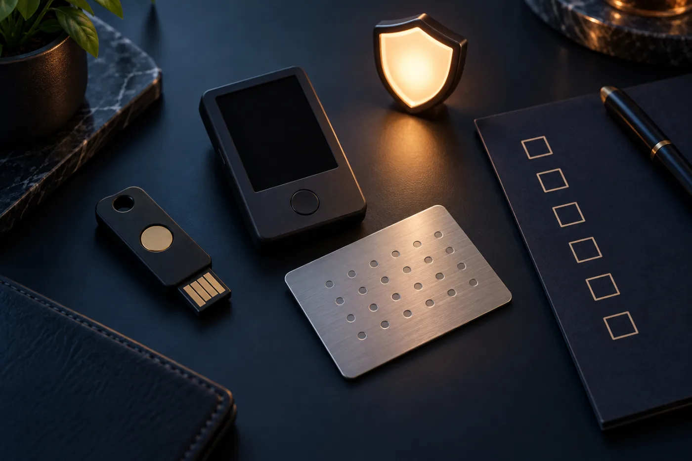 A secure desk setup for checking a hardware key and crypto wallet recovery information before trading