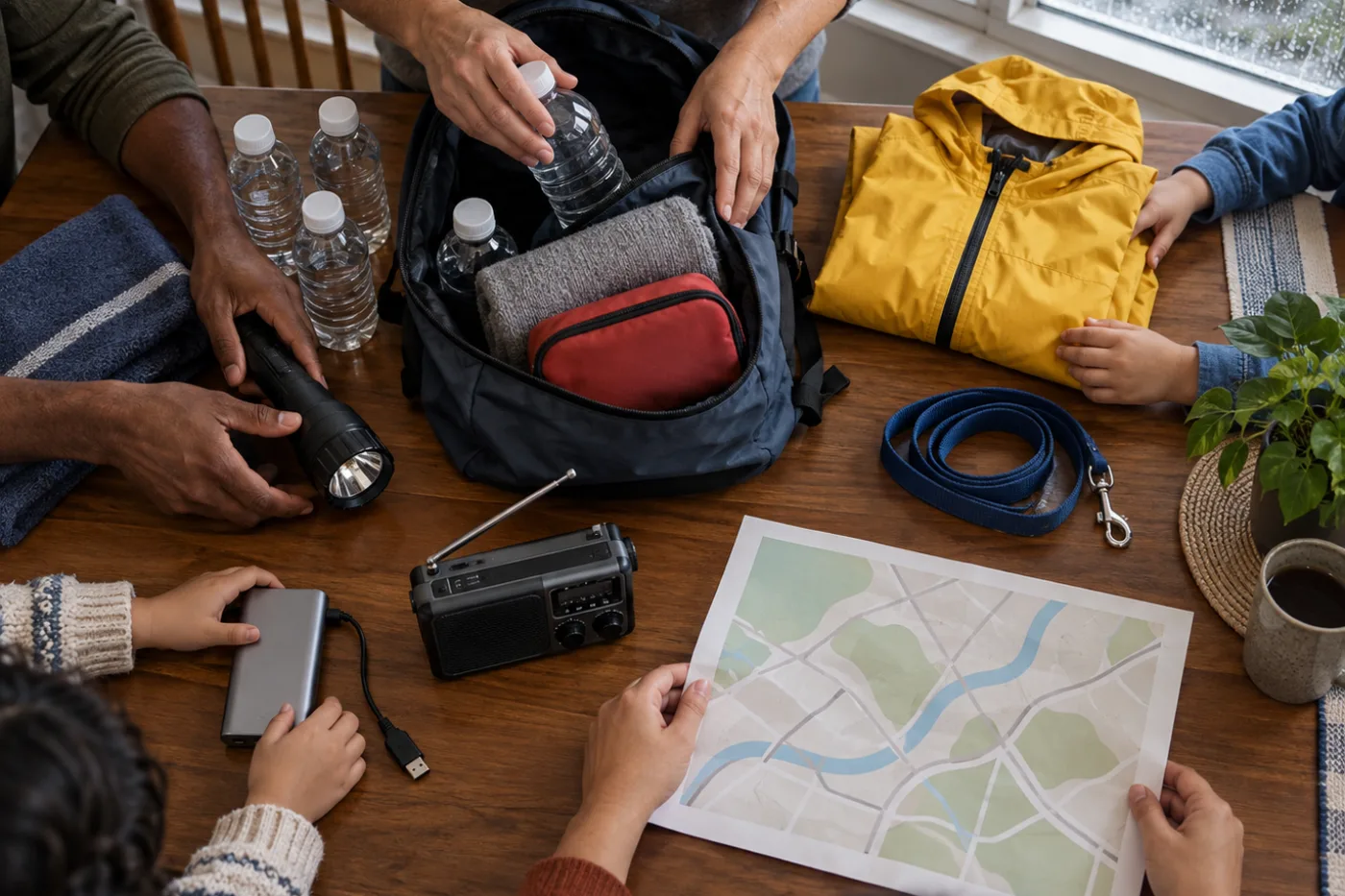 Family organizing water, a flashlight, radio, first-aid supplies, and pet gear for an El Niño evacuation bag