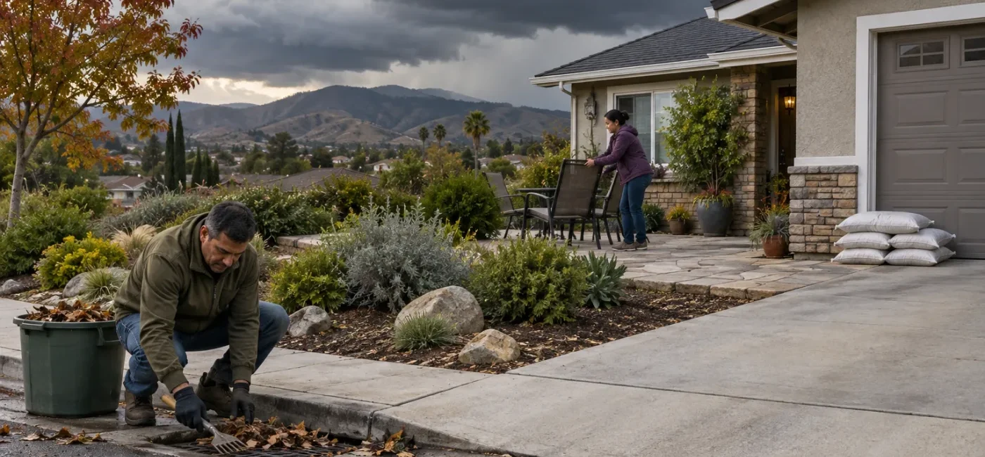 Resident preparing a California home and ground-level drain before an El Niño rainstorm