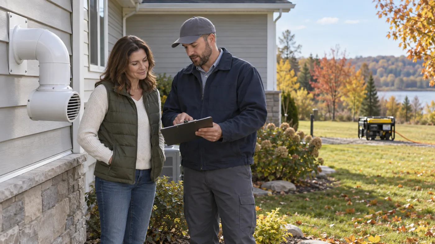 A homeowner and technician check furnace venting and safe generator distance outside a home