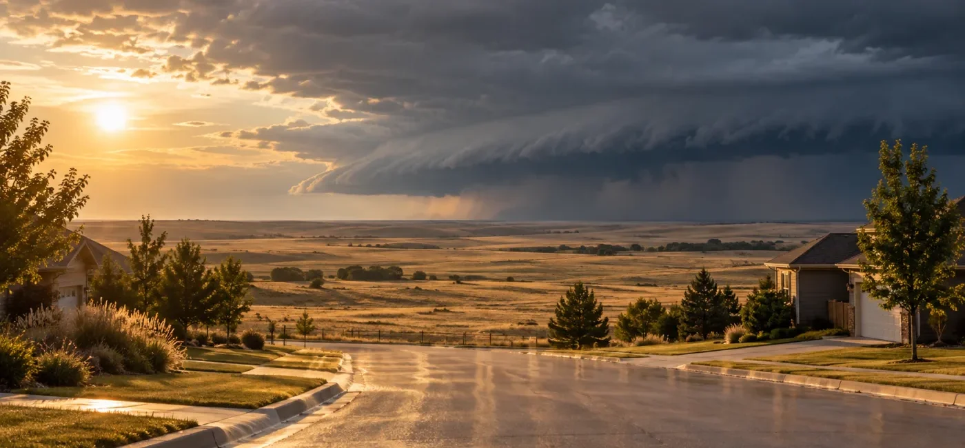 Intense heat over a Central Plains street as strong thunderstorm clouds approach