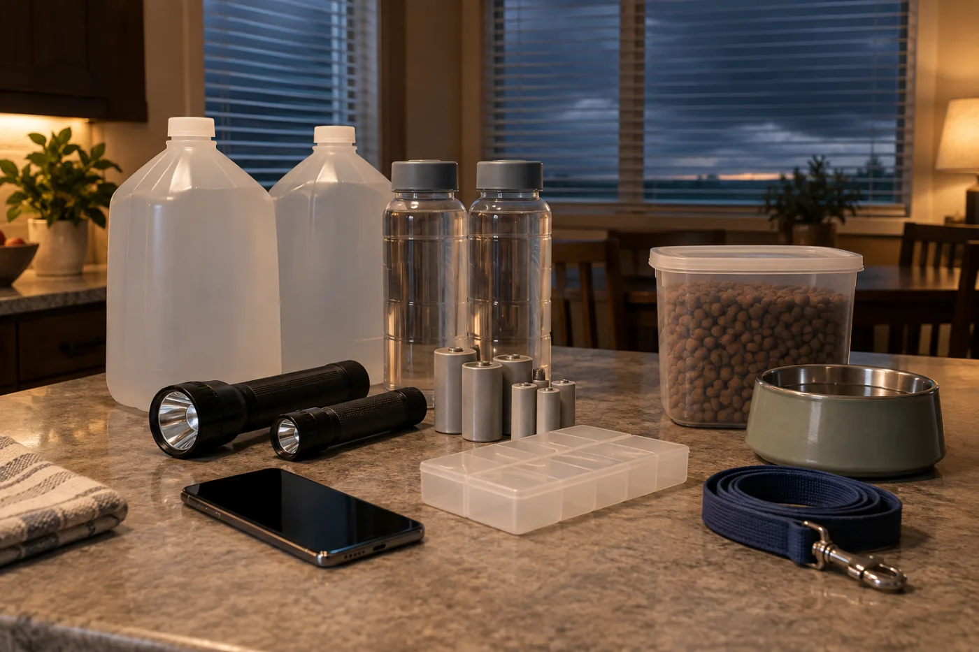 Indoor emergency station prepared with water, flashlights, battery packs, and pet supplies for heat and thunderstorms