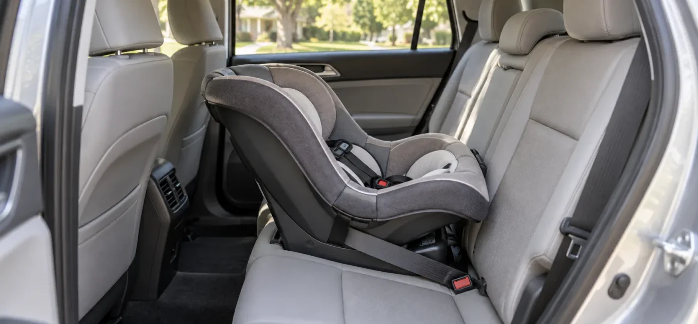 Rear-facing child car seat installed on the back seat of an unbranded family vehicle