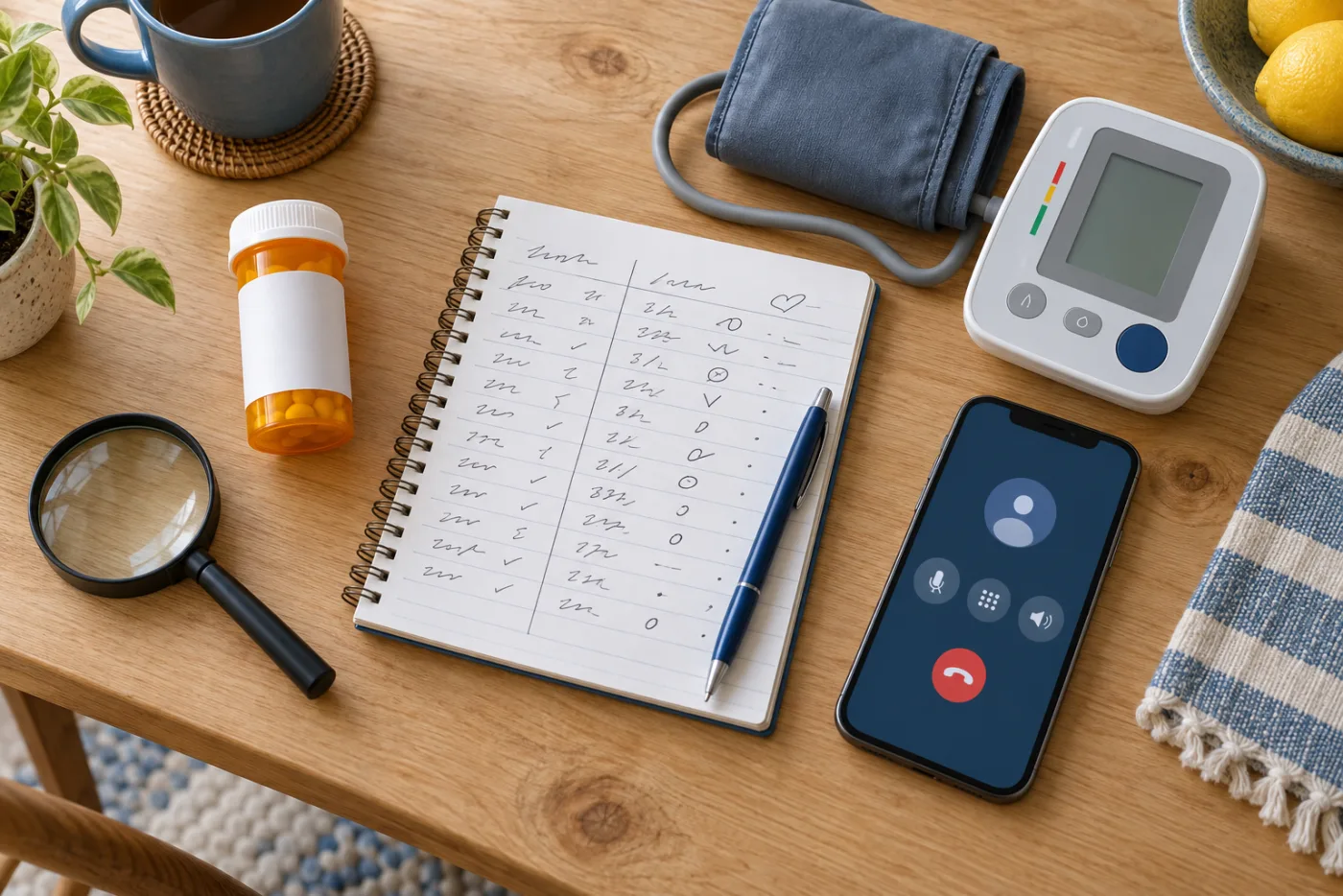 A prescription bottle, blood pressure log, and magnifier arranged for checking the NDC, batch number, and expiration date