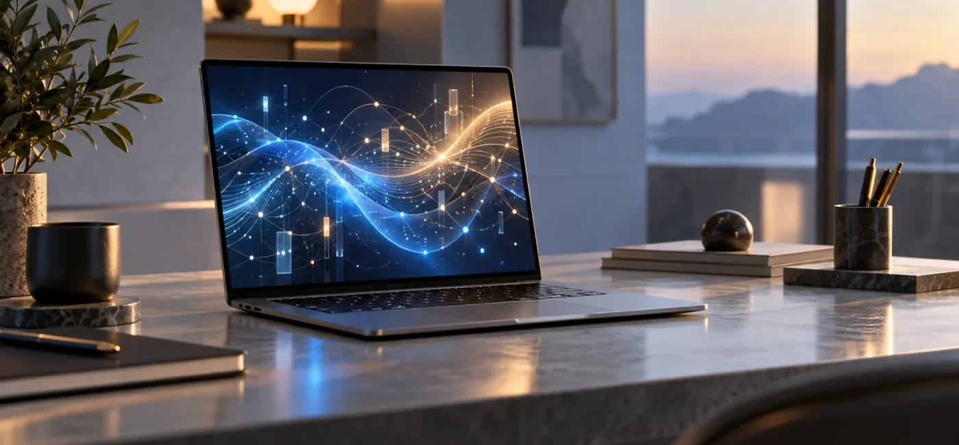 Abstract AI network and code blocks displayed on a laptop