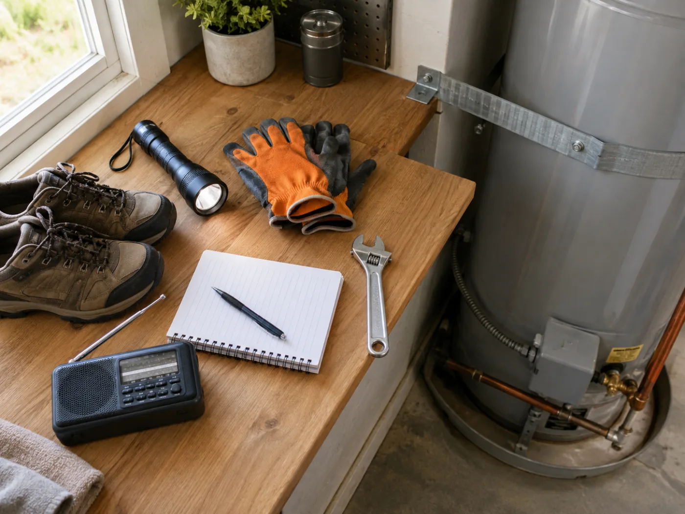 Gloves, flashlight, radio and strapped water heater for a post-earthquake safety check