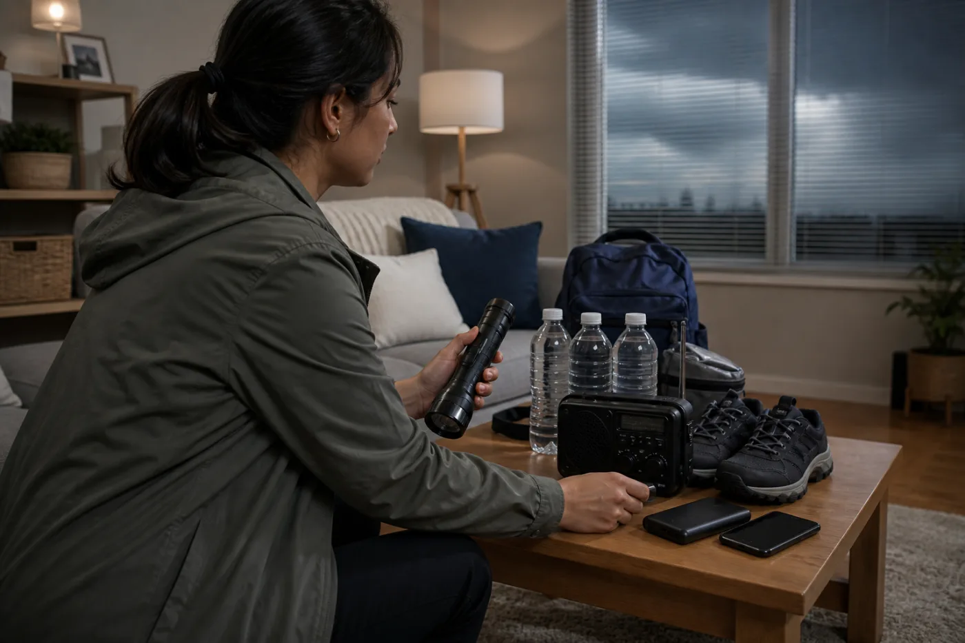 A household checking flashlights, a radio, water and backup power indoors before a severe thunderstorm