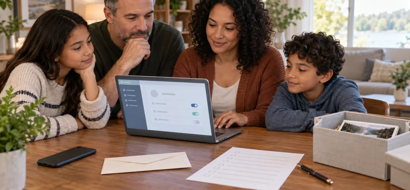 A family organizing a digital legacy plan for online accounts and important records at home