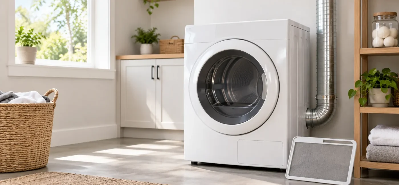 Tidy U.S. laundry room with a clean lint screen and visible metal dryer exhaust duct