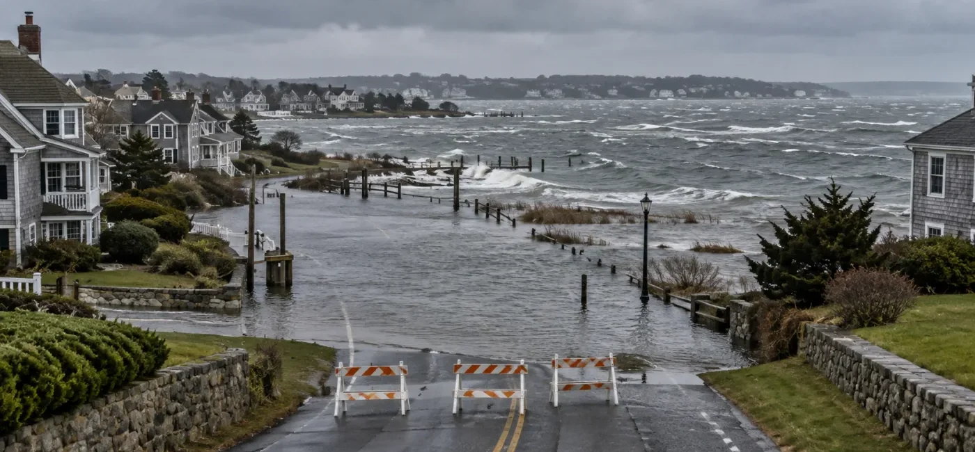 Low-lying East Coast road affected by coastal flooding with higher ground in the distance