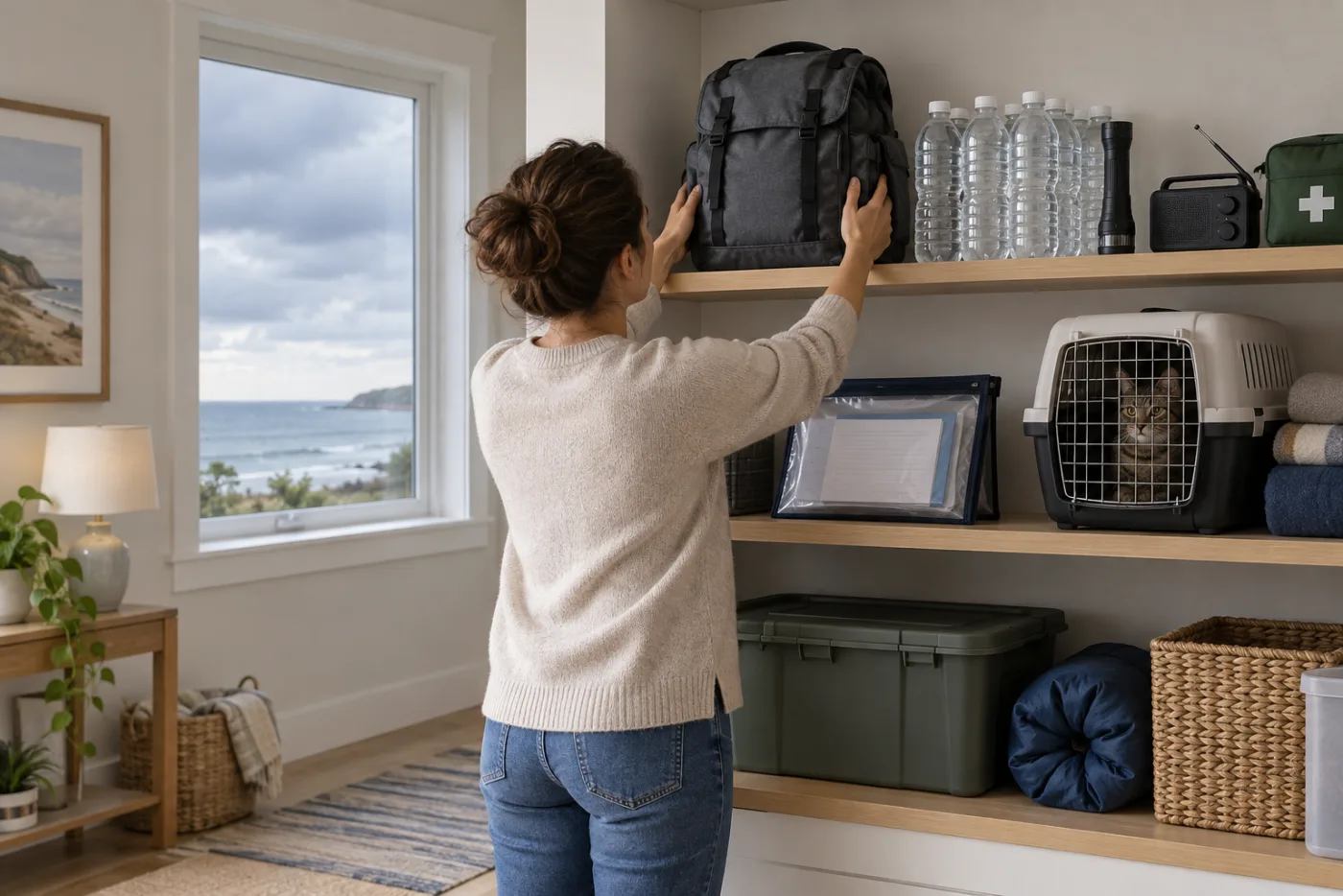 Household organizing emergency supplies and waterproof documents on high shelves before coastal flooding
