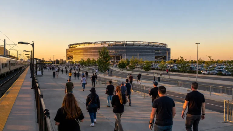 Concertgoers walking from rail and parking areas toward MetLife Stadium