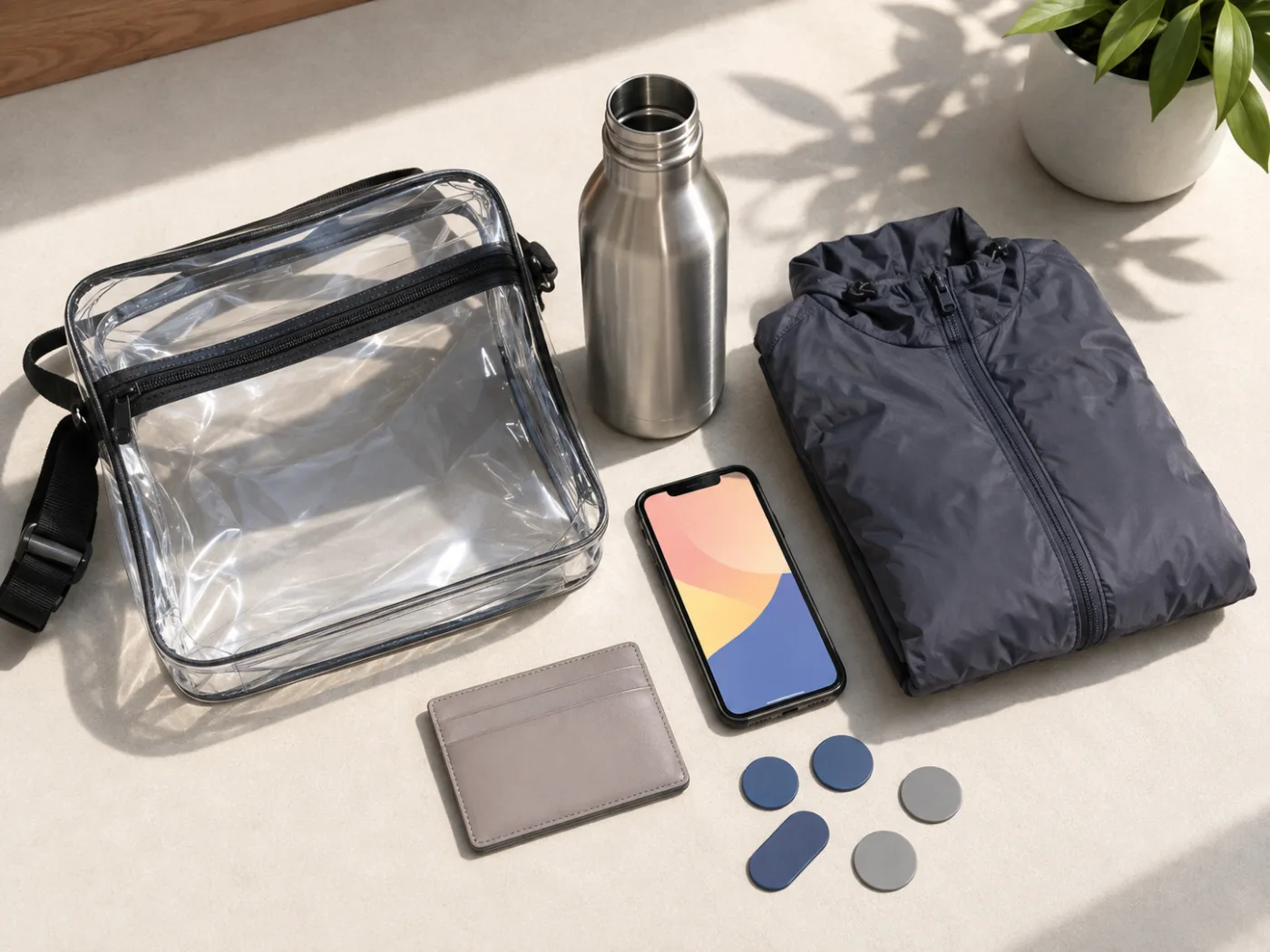 Clear stadium bag with an empty reusable bottle, phone, ticket wallet and light jacket prepared for a MetLife concert
