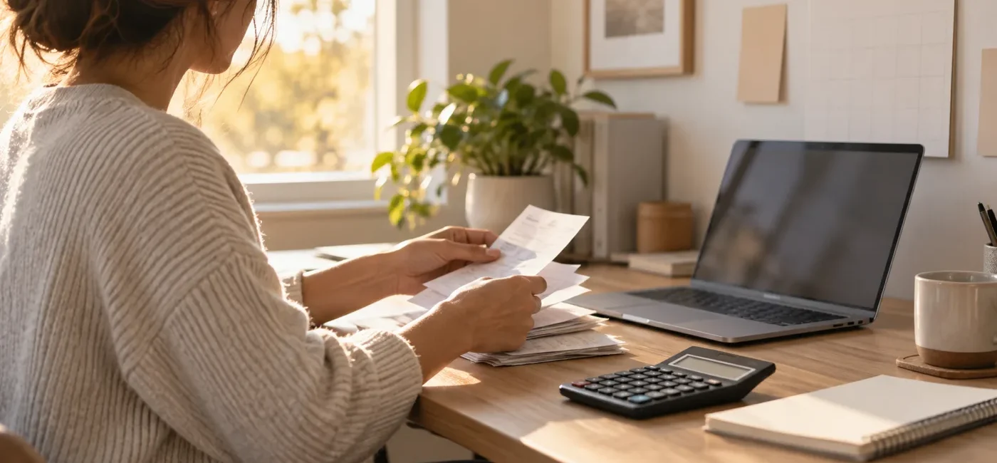 Self-employed taxpayer preparing a 2026 U.S. estimated tax payment with receipts and a calculator