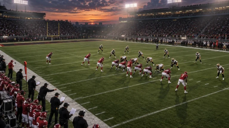 Players and coaches preparing substitutions on an unbranded football field