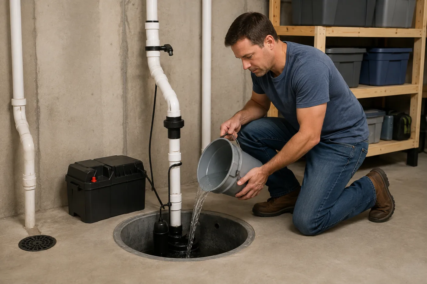 Homeowner testing a sump pump with water in a dry basement
