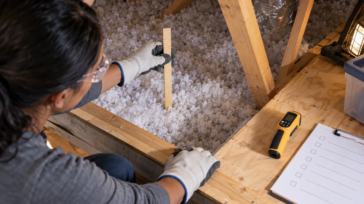 A homeowner wearing protective gear checks insulation and temperature from a safe attic access point