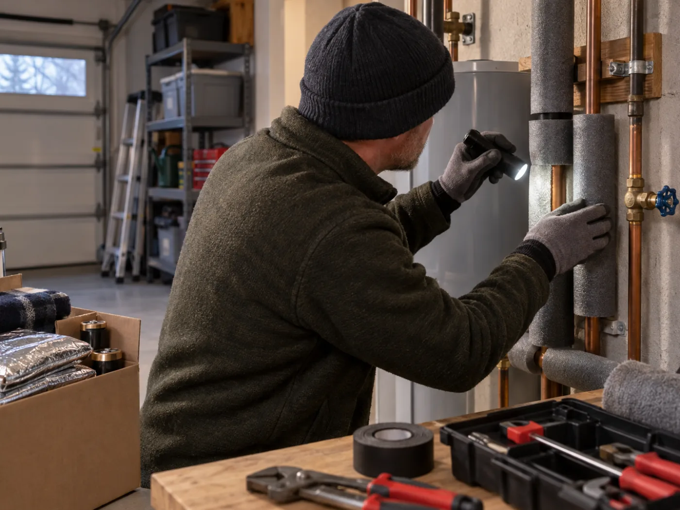 A homeowner checking insulation on exposed garage water pipes before the first freeze