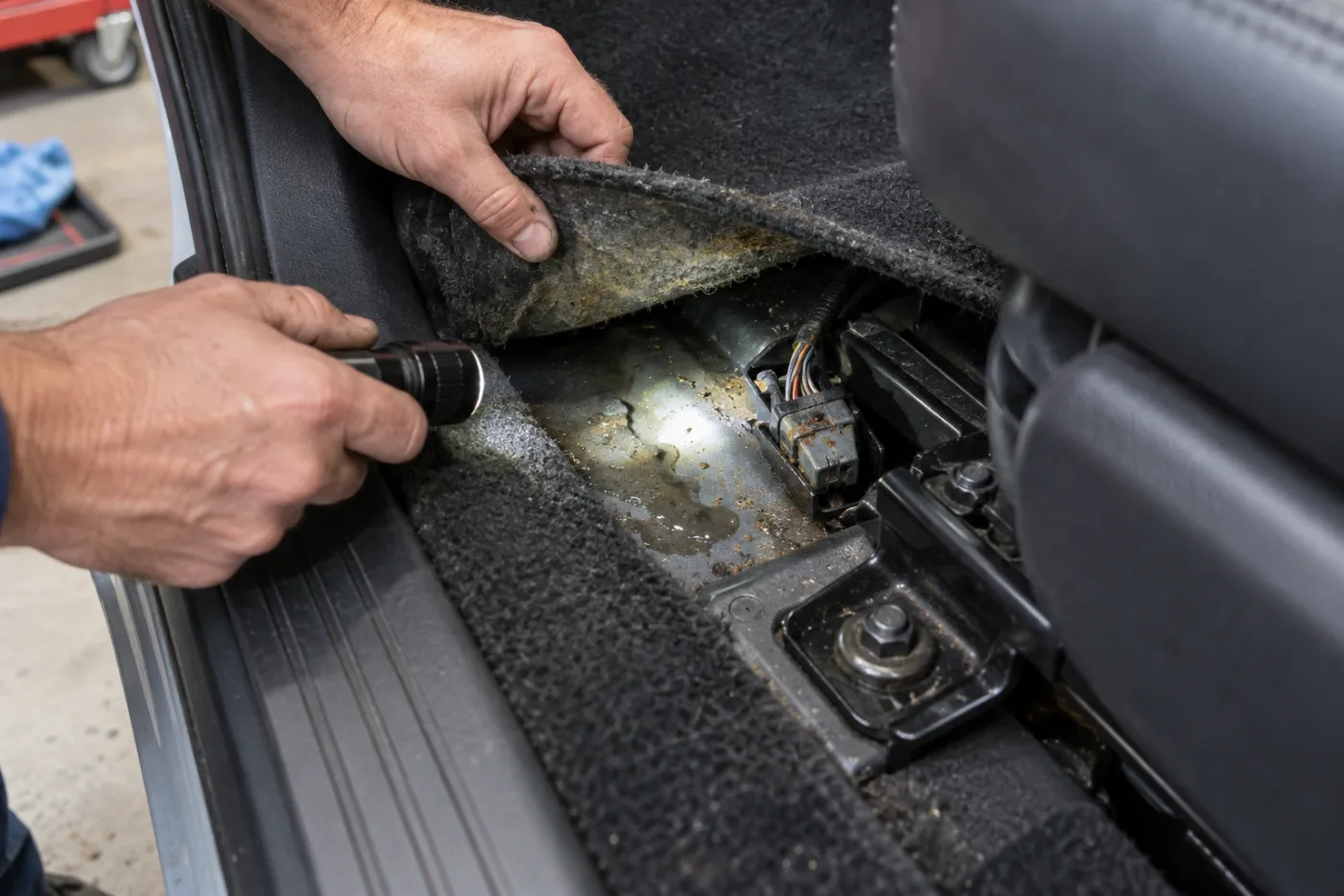 Mechanic checking beneath a used car carpet and around the seat rails for moisture and corrosion
