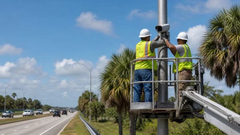 Transportation workers removing an automated license plate reader from a Florida state road