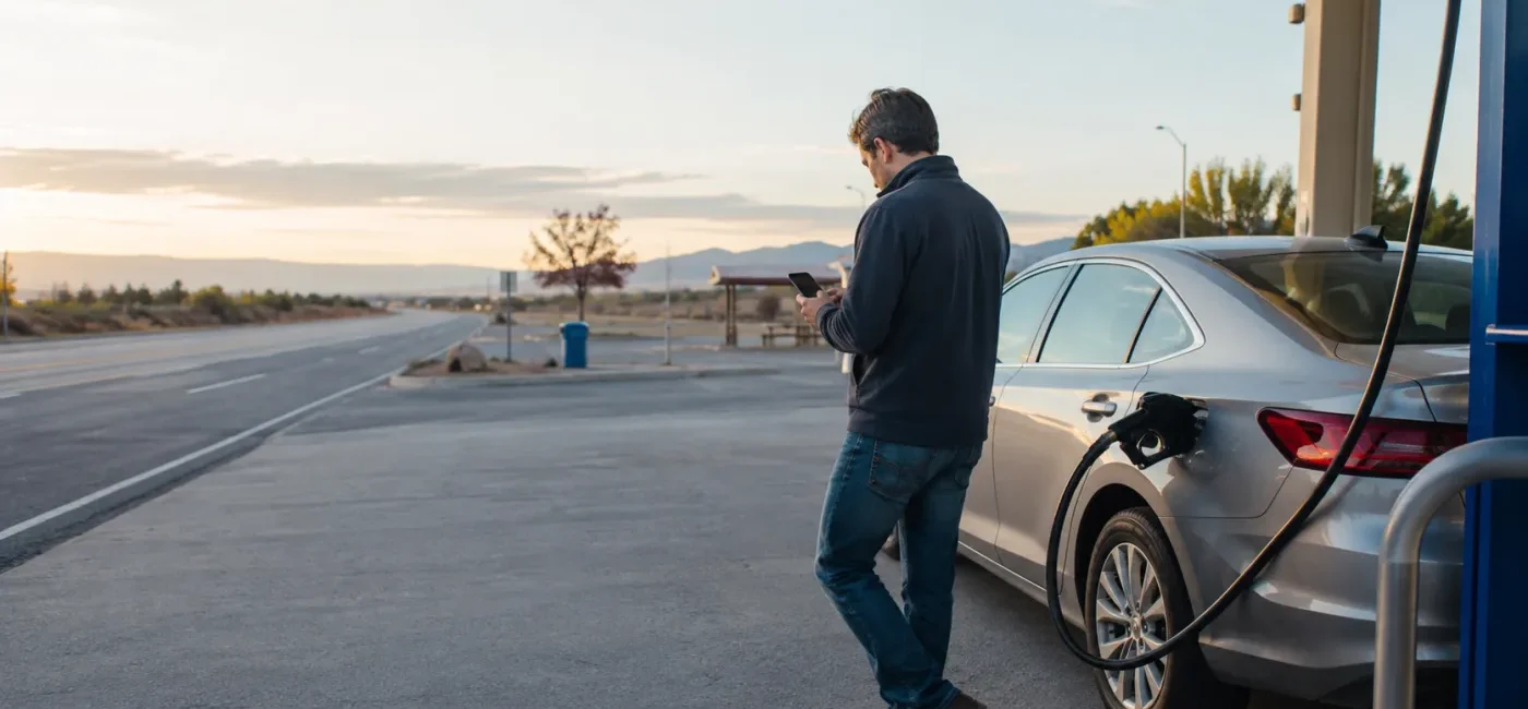 Driver reviewing a route and fuel budget at a gas station during a U.S. road trip