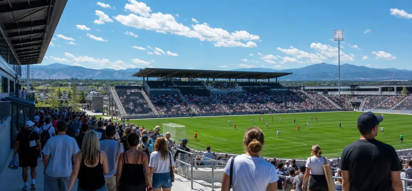 Outdoor stadium hosting a women professional soccer match with Denver mountains in the background